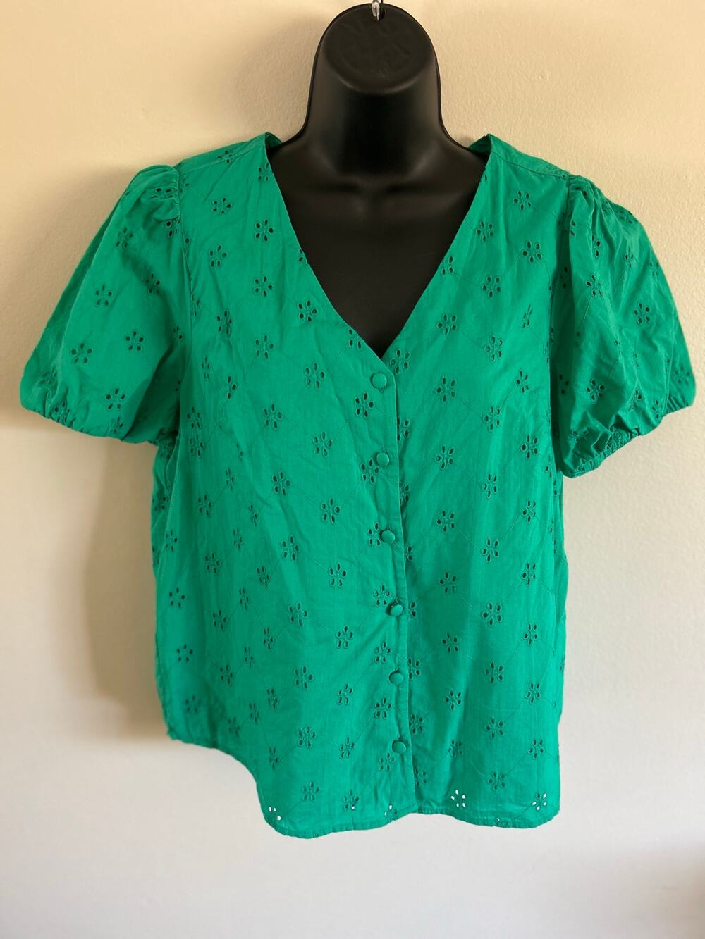 J.Crew Emerald Green Eyelet Puff Sleeve Blouse Small